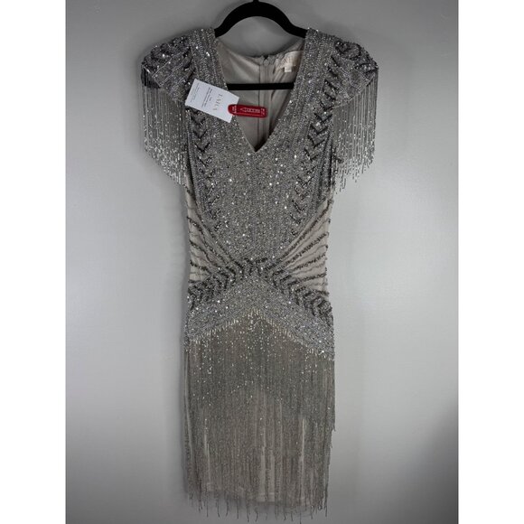 NWT Lara Silver Fringe Beaded Mini Cocktail Dress Short Sleeve V-Neck Size 2 - Picture 5 of 11